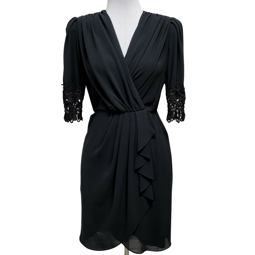Ursula of Switzerland Petite Black Chiffon Lace Trim Ruffle Cocktail Dress 8P